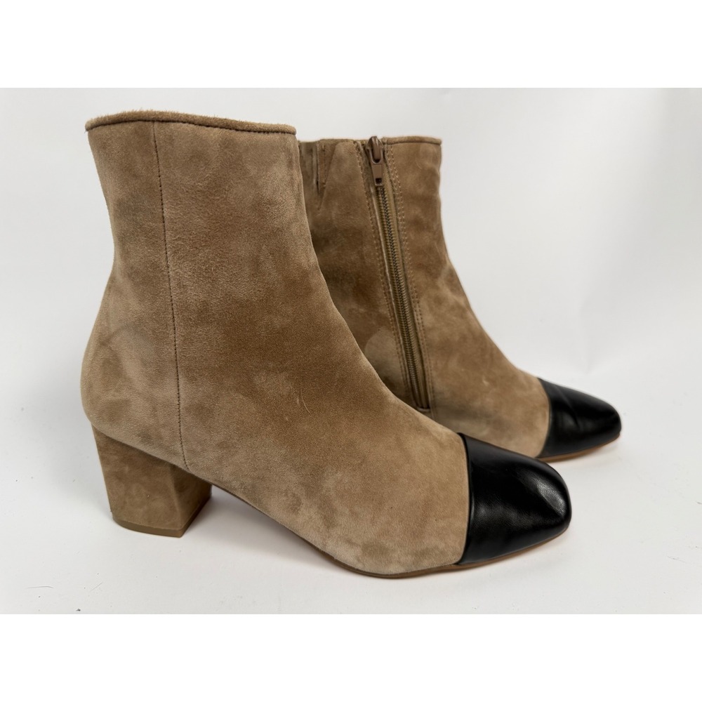 Minimalist Tan Suede Black Cap Toe Block Heel Ankle Boots Steve Madden 9.5M